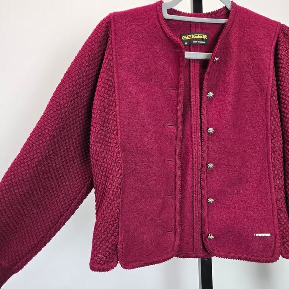 Geiger Austria Pure New Wool Button Front Blazer Lady Jacket Cardigan Knit Berry - Picture 2 of 9